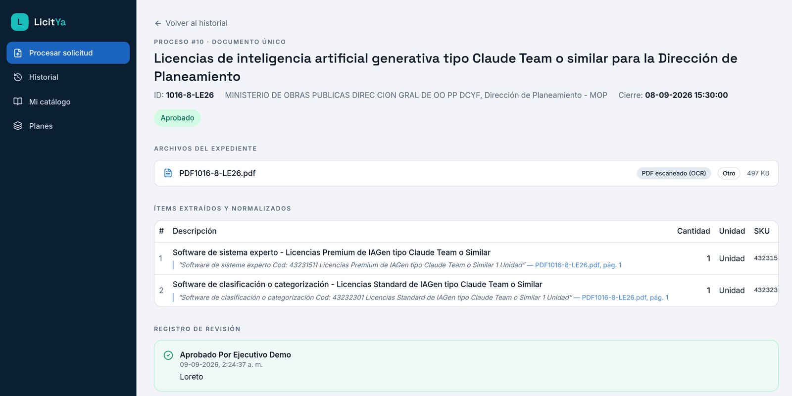 Plataforma LicitYa procesando una licitación de Mercado Público